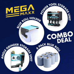 MegaMaxx UK™ Combo Deal - Power Tool Storage Unit + Angle Grinder Storage Unit + Blue Roll Holder + Pack of 6 Blue Roll