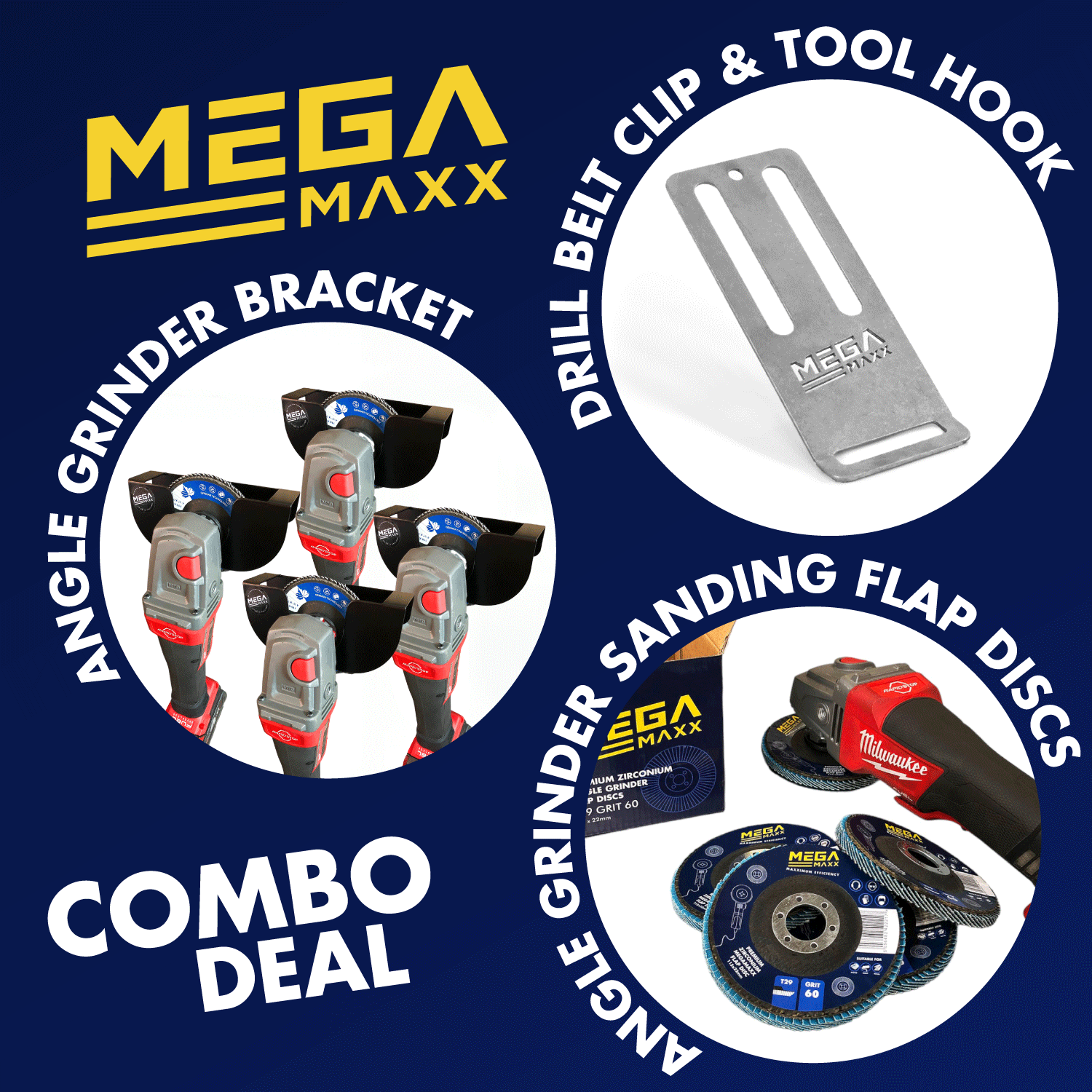 MegaMaxx UK™ Combo Deal - Angle Grinder Bracket, Flap Discs & Tool Belt Clip