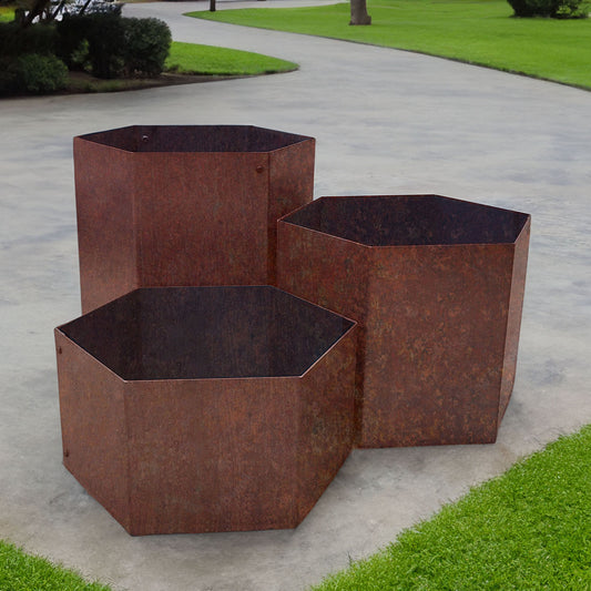 Bellamy Hexagon Shaped Rustic Steel Planter Trio Set - Indoor Outdoors