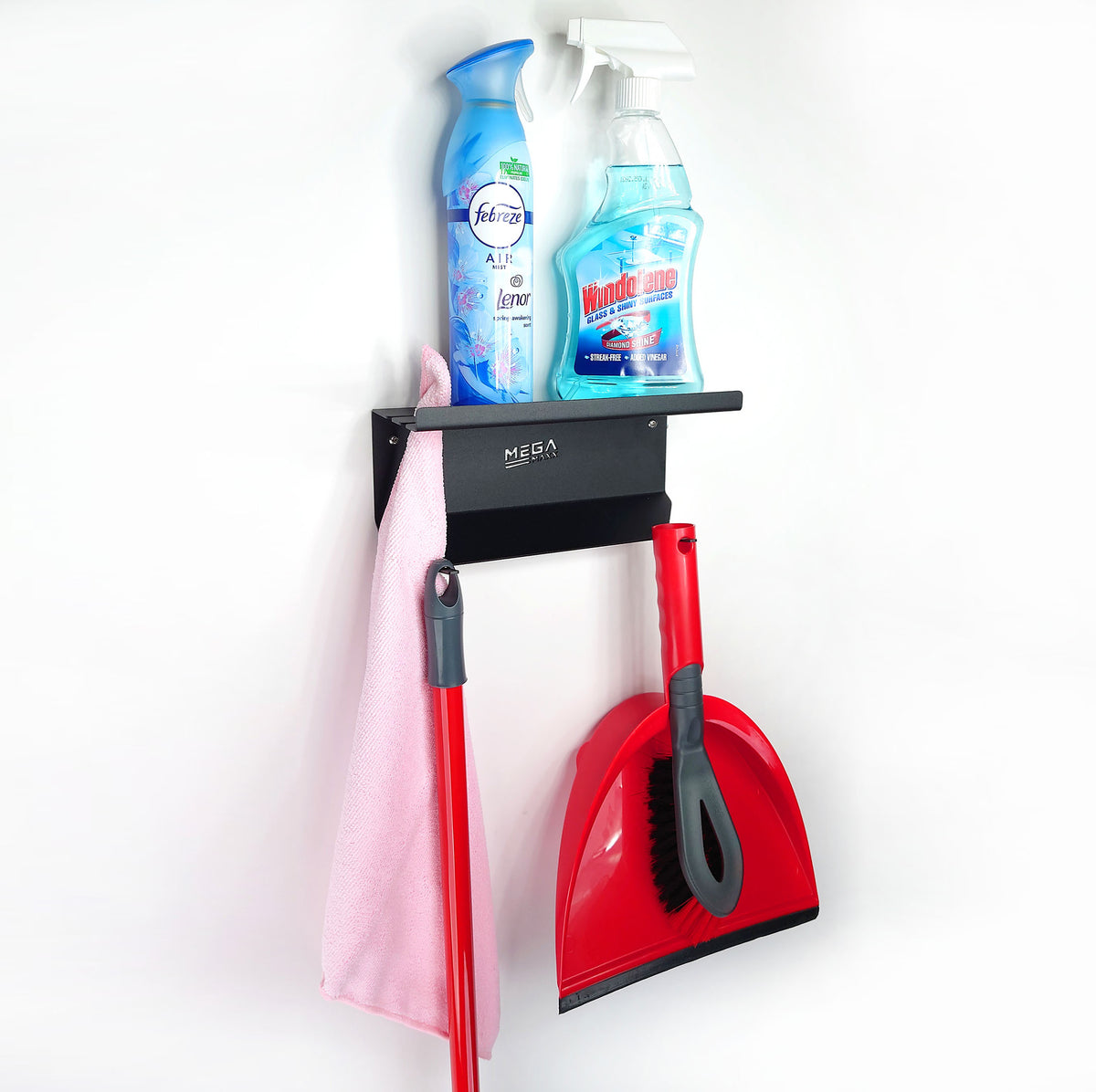 MegaMaxx UK™ Wall Mount Cleaning Supplies Bracket - Mop, Dustpan, Brush & Cloths