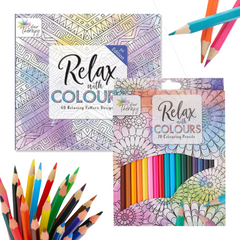 Relax With Colours Adult Colouring Book + 20 Coloured Pencils - Indoor Outdoors