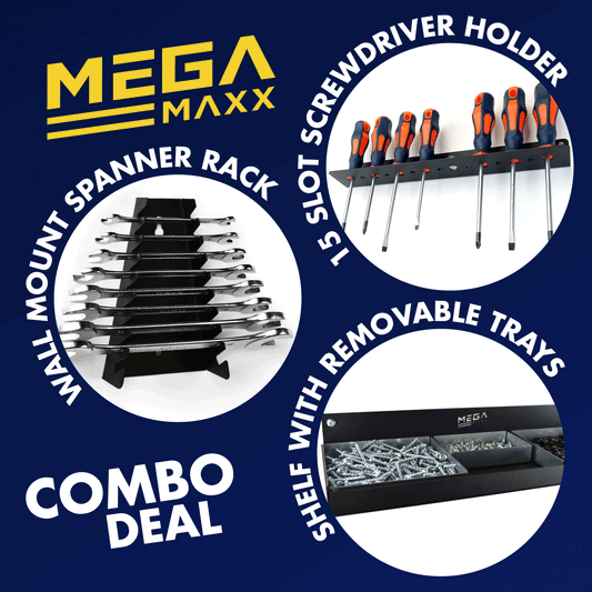 MegaMaxx UK™ Tidy Shed Combo Deal - Screwdriver Rack, Spanner Rack & Shelving Unit - Indoor Outdoors