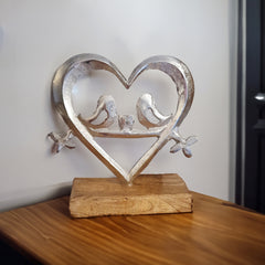 Silver Bird Love - Heart and Bird Wood Plaque - Indoor Outdoors