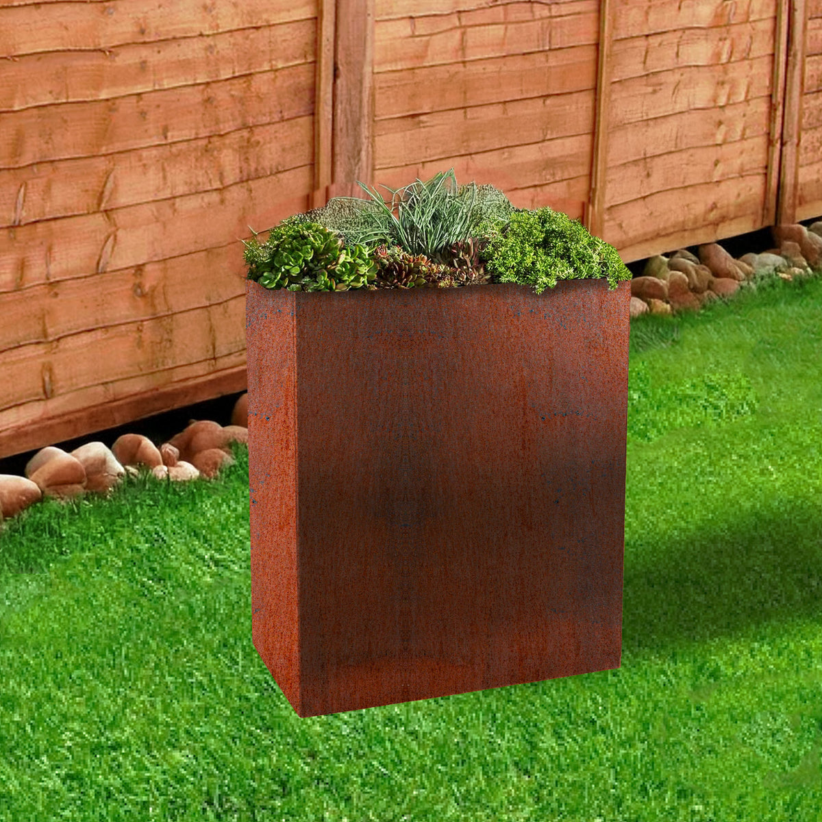 Rectangular Rustic Steel Planter with Base & Drainage Holes