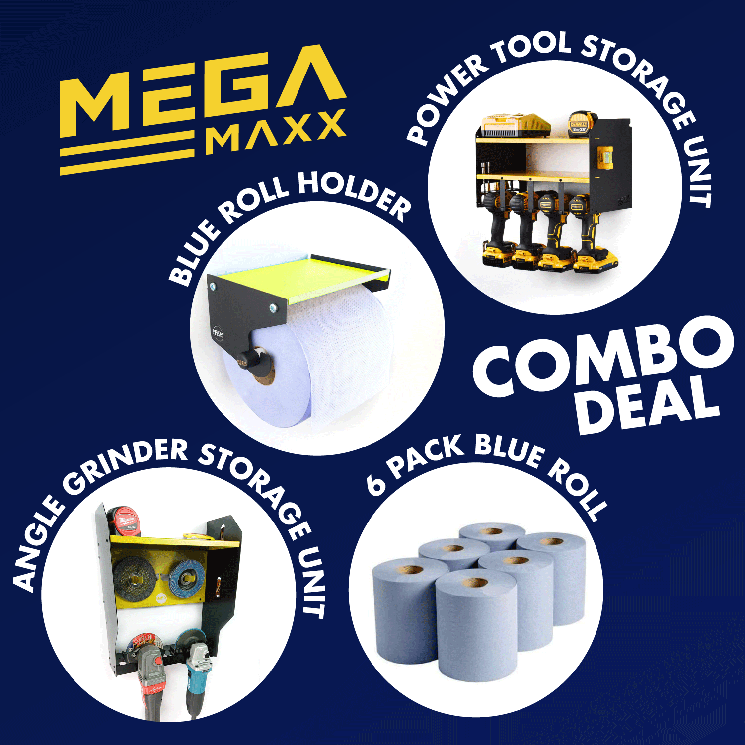 MegaMaxx UK™ Combo Deal - Power Tool Storage Unit + Angle Grinder Storage Unit + Blue Roll Holder + Pack of 6 Blue Roll