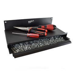 Lightweight Tool Shelf with Drawer - Store Tools, Screws & Accessories - Textured Black Finish - Pliers and Screwdrivers on Shelf with a drawer of screws