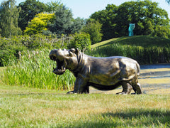 Hippo Sculpture placed in a garden near a pond
