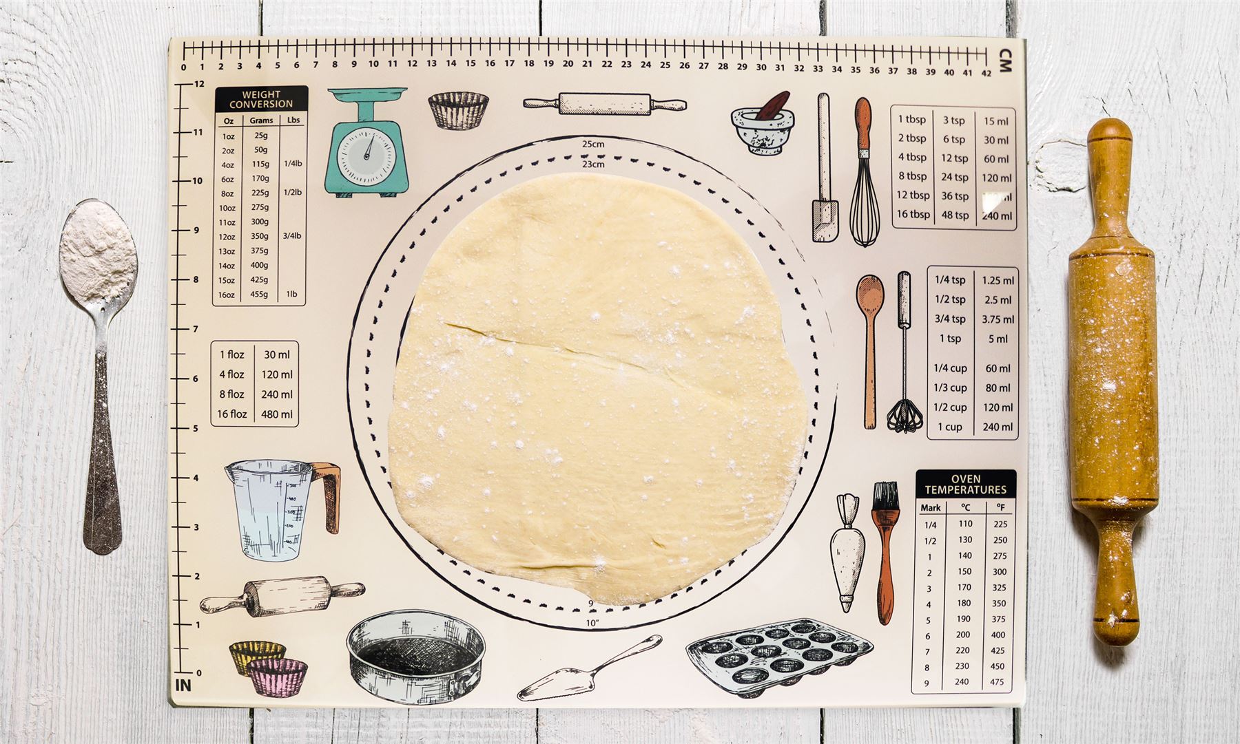 Bake It Better Worktop Saver with Measurement Charts with pastry, spoon and rolling pin