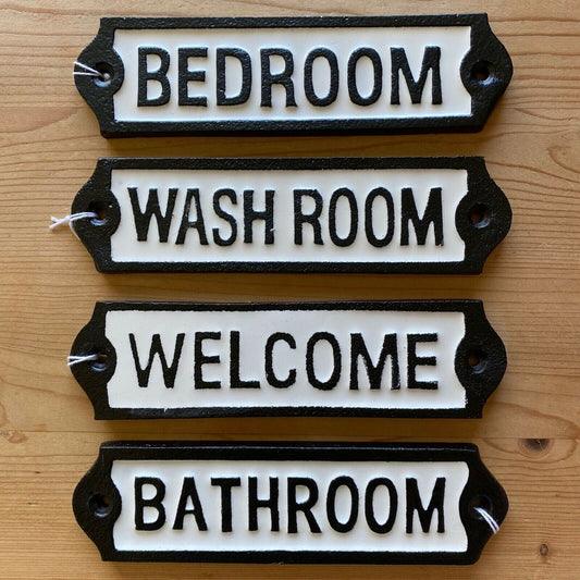 Collection of all signs together - Bedroom, Washroom, Welcome, Bathroom