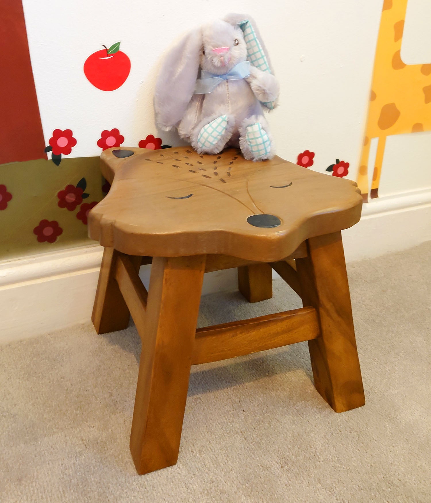 Wooden Footstool for Children's Nursery with Sleepy Fox Pattern