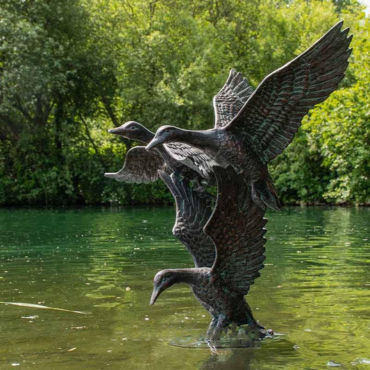 Fergus McArthur Flying Ducks Aged Verde Sculpture - Indoor Outdoors