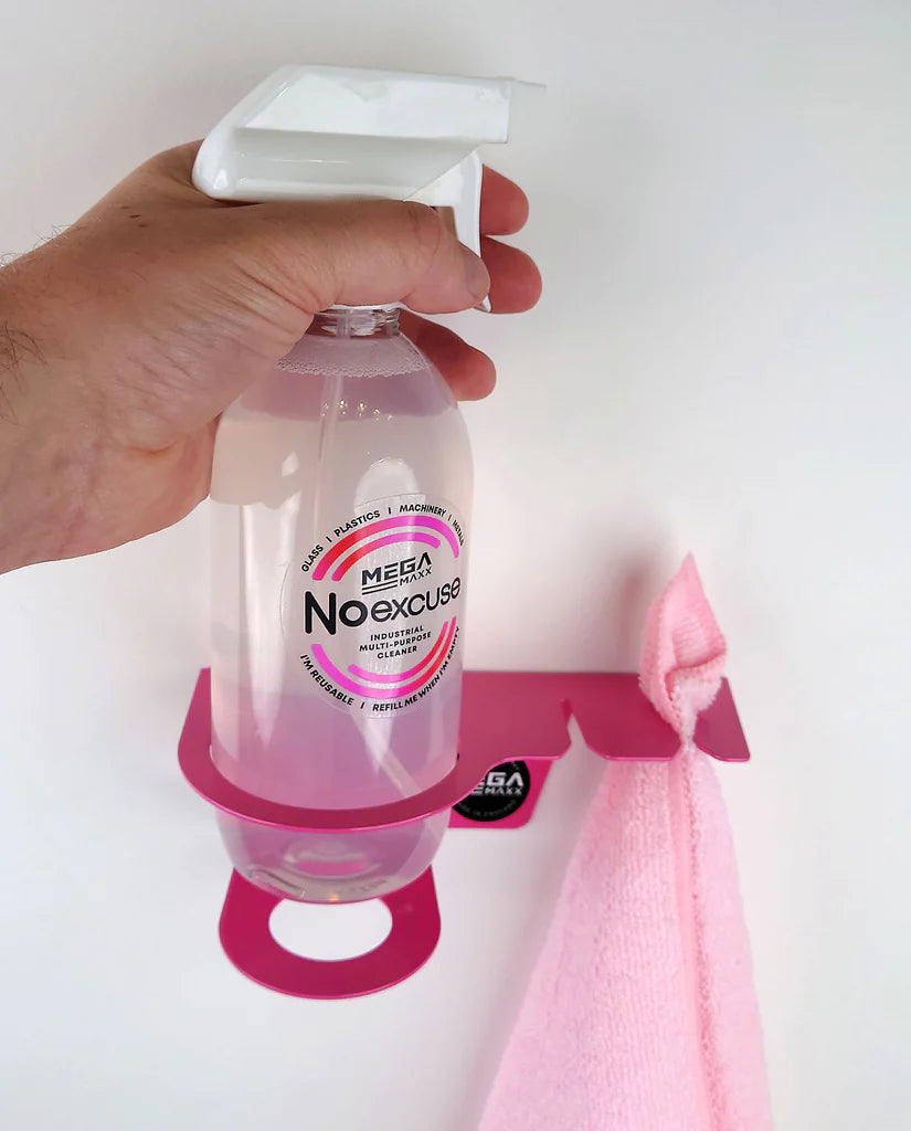 No Excuse Refillable Bottle Being Placed into Pink No Excuse Cleaning Bracket