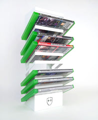 Games Tower Storage Rack, All 3 Sizes in a line with PS4 games and Blu Rays on Display
