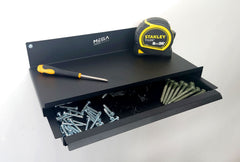 Lightweight Tool Shelf with Drawer - Store Tools, Screws & Accessories - Textured Black Finish - Tape Measure and Screwdriver on Shelf with a draw of screws