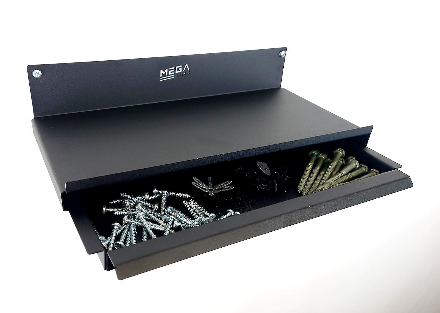 Lightweight Tool Shelf with Drawer - Store Tools, Screws & Accessories - Textured Black Finish - Shelf with a drawer of screws