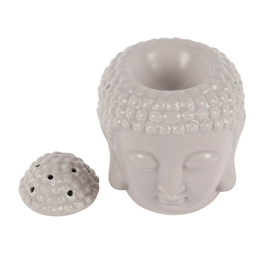 Small Grey Joyful Meditating Buddha Head Oil Burner - Indoor Outdoors