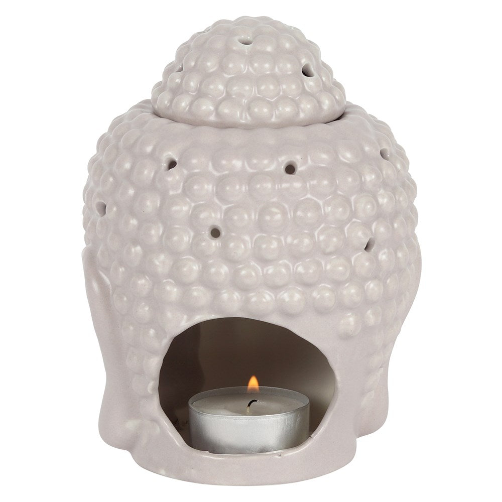 Small Grey Joyful Meditating Buddha Head Oil Burner - Indoor Outdoors