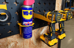 Closeup of DeWalt Drills and WD40 on Nukeson Tool Wall