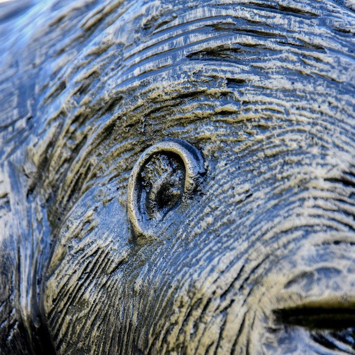 Closeup of the side of the head and the ear of the gorilla sculpture